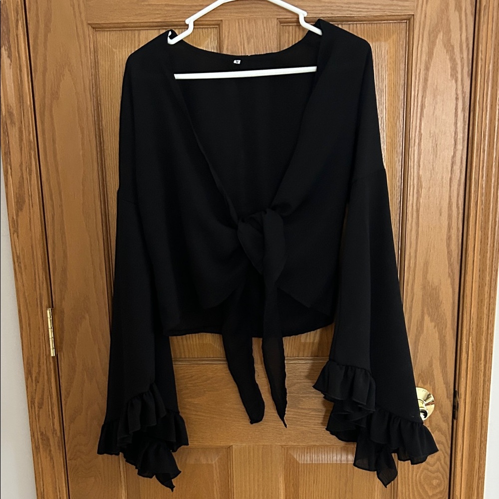 Black Tie-Front Bell Sleeve Top